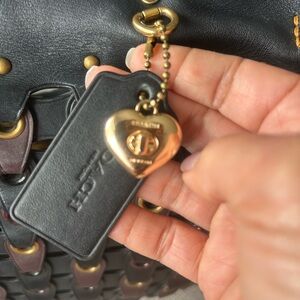 Coach Black Leather Bag Tag with Gold Heart Charm